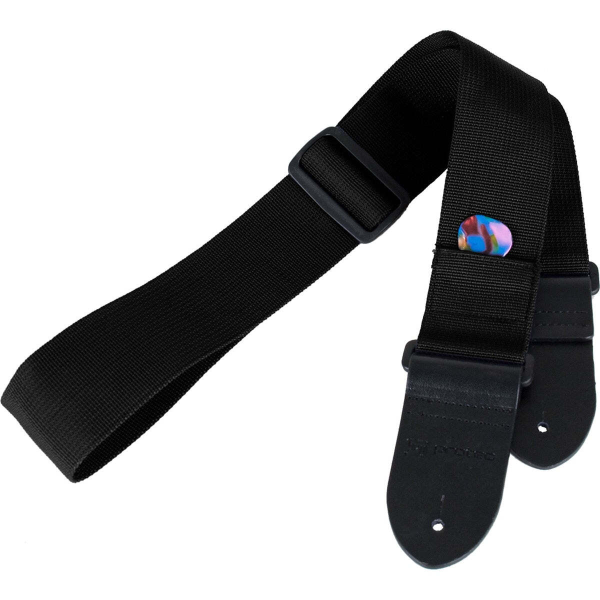 Guitar Strap With Leather Ends And Pick Pocket - Nylon (Black)