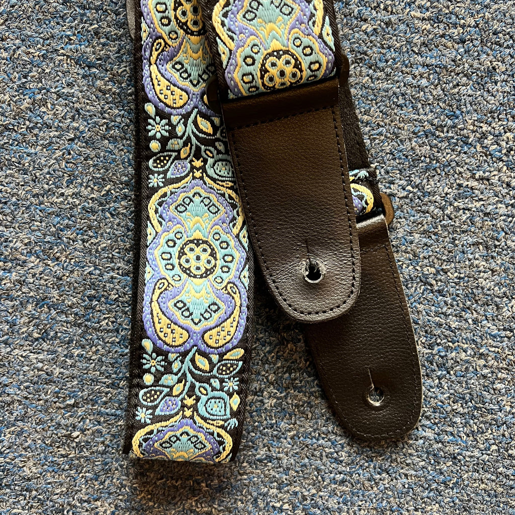 AMUMU Hootenanny Embroidery Guitar Strap Blue Cotton -CO04E-BL (used)