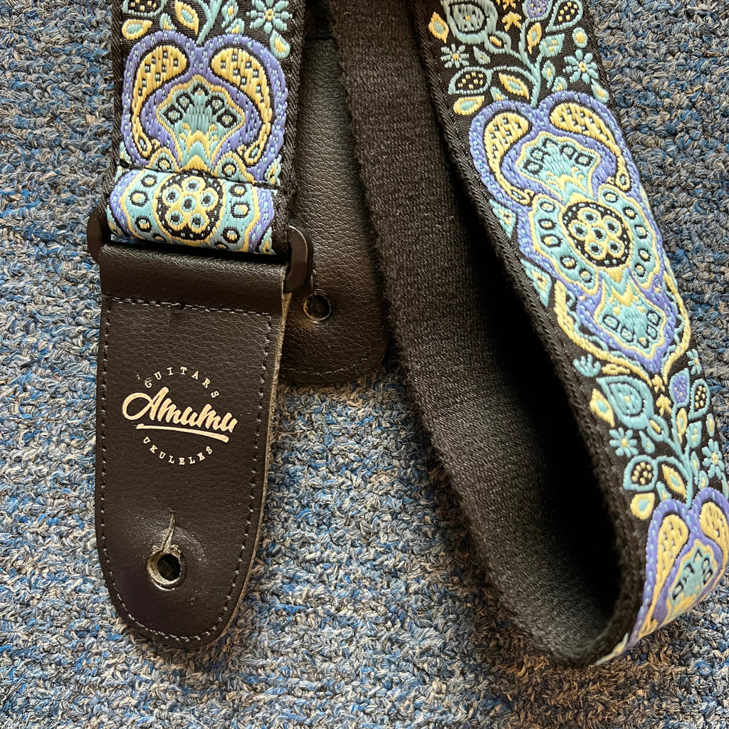 AMUMU Hootenanny Embroidery Guitar Strap Blue Cotton -CO04E-BL (used)
