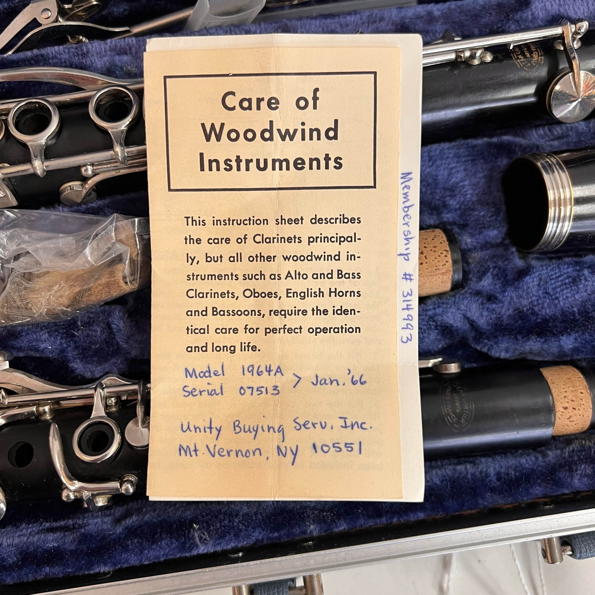 Jean Cartier Wood Clarinet Model 1964A France Excellent 1966 (used)