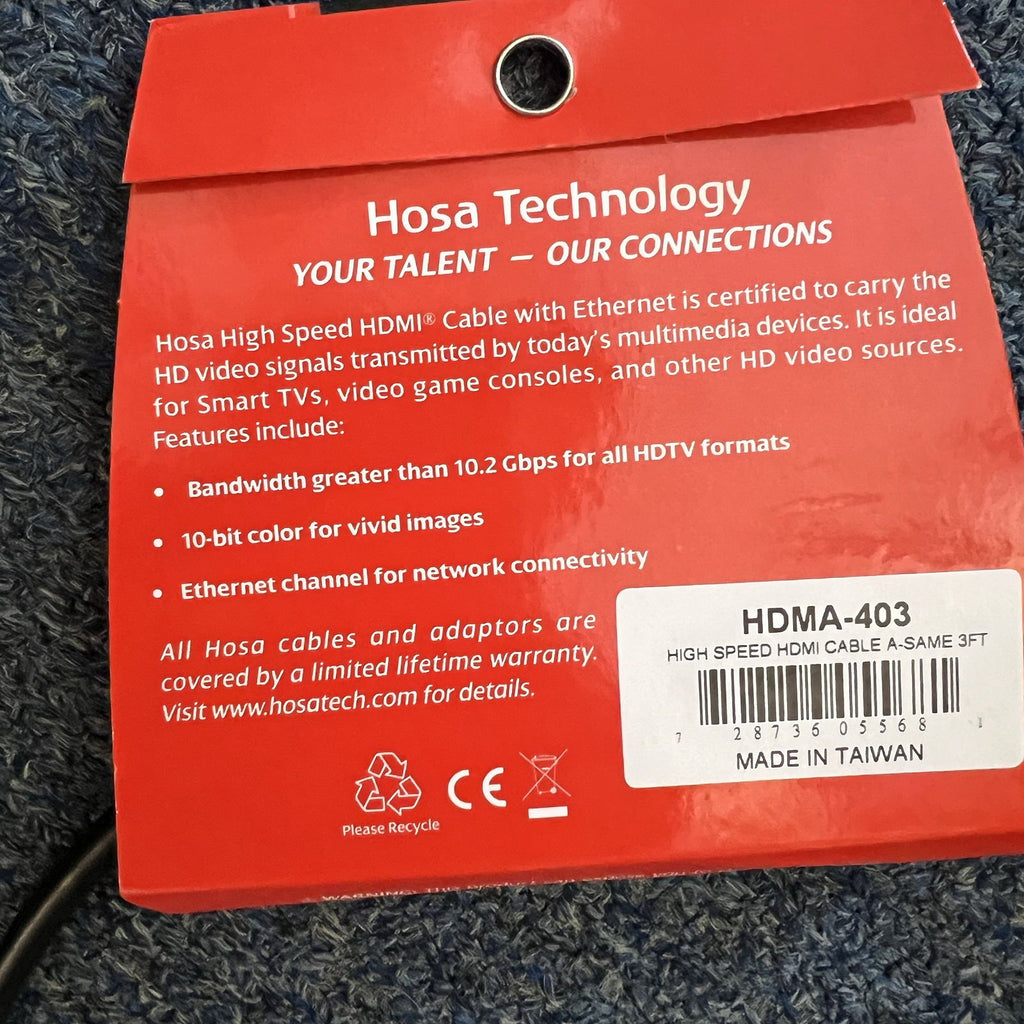 Hosa High Speed HDMI Cable With Ethernet, HDMI To HDMI, 3 Ft