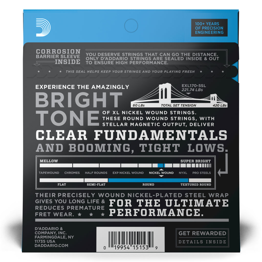 D'Addario EXL170-5SL 5-String Nickel Wound Bass Guitar Strings, Light, Super Lon...
