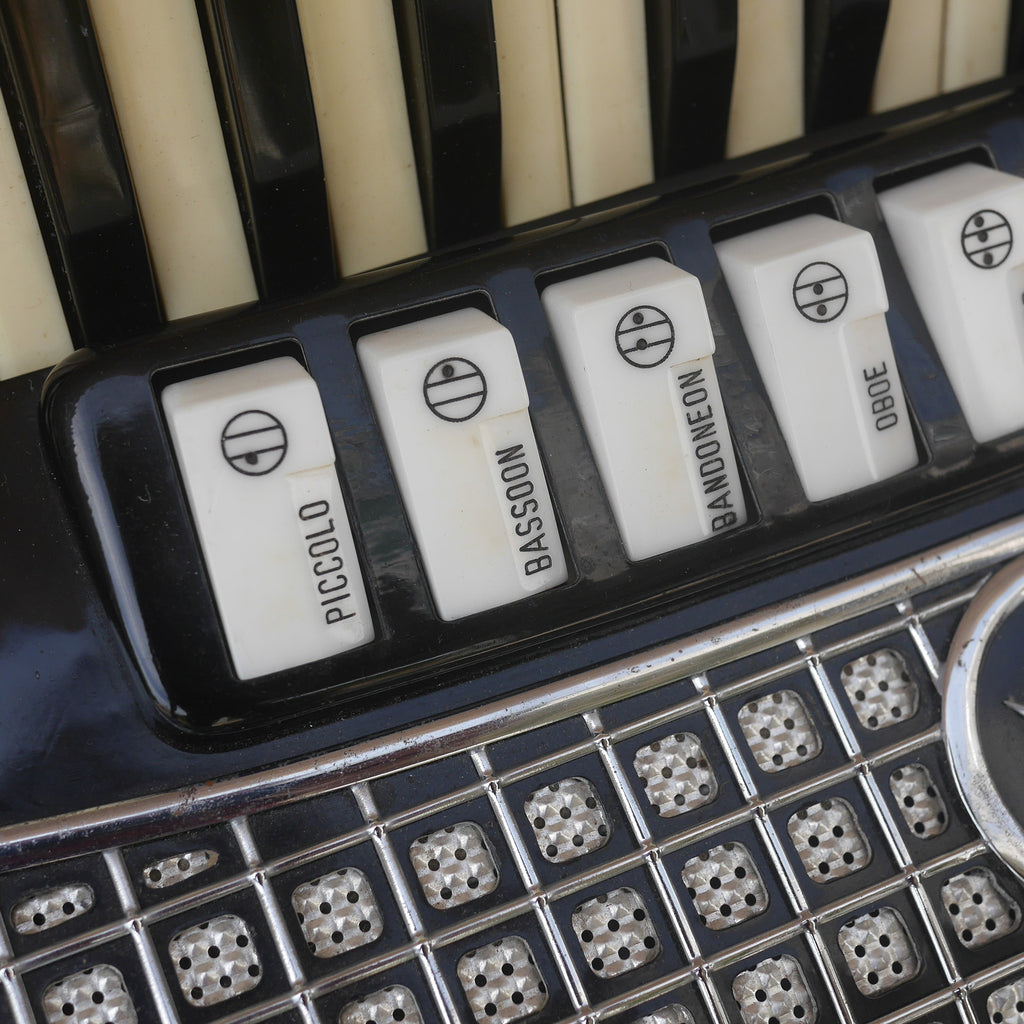 Temple Piano Accordion 120 Bass, LMH, Microphone.  Black.  1950s