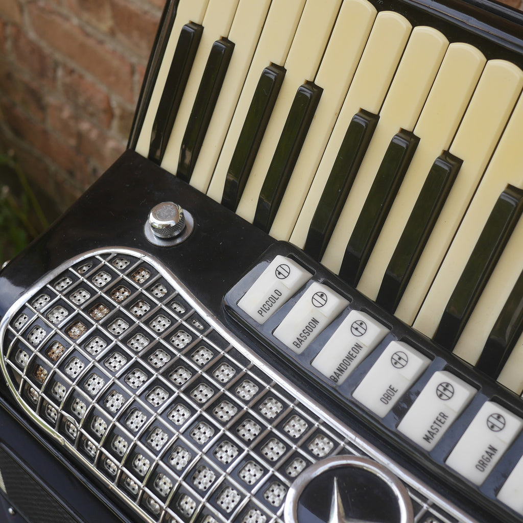 Temple Piano Accordion 120 Bass, LMH, Microphone.  Black.  1950s