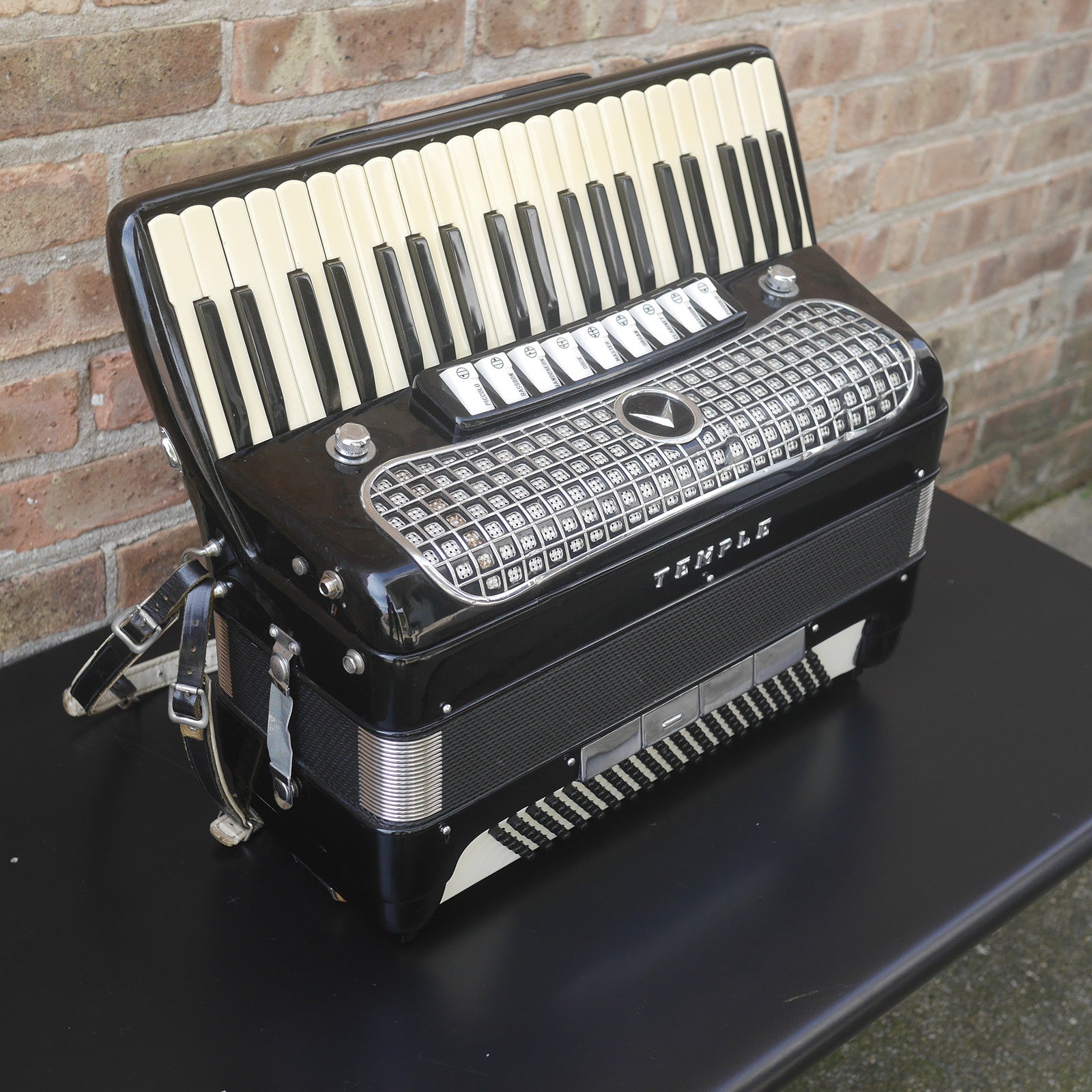Temple Piano Accordion 120 Bass, LMH, Microphone.  Black.  1950s