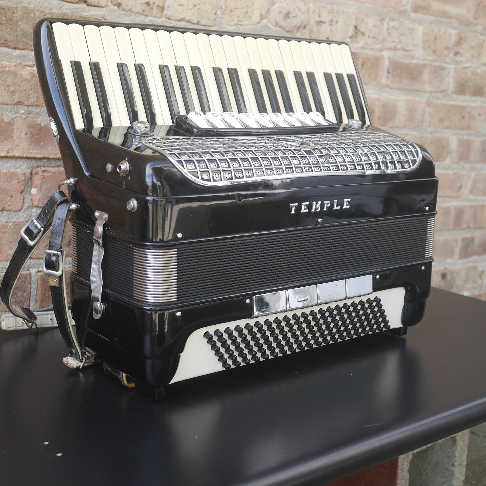 Temple Piano Accordion 120 Bass, LMH, Microphone.  Black.  1950s