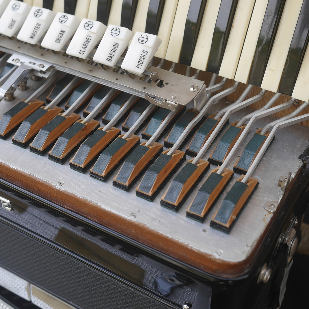 Temple Piano Accordion 120 Bass, LMH, Microphone.  Black.  1950s