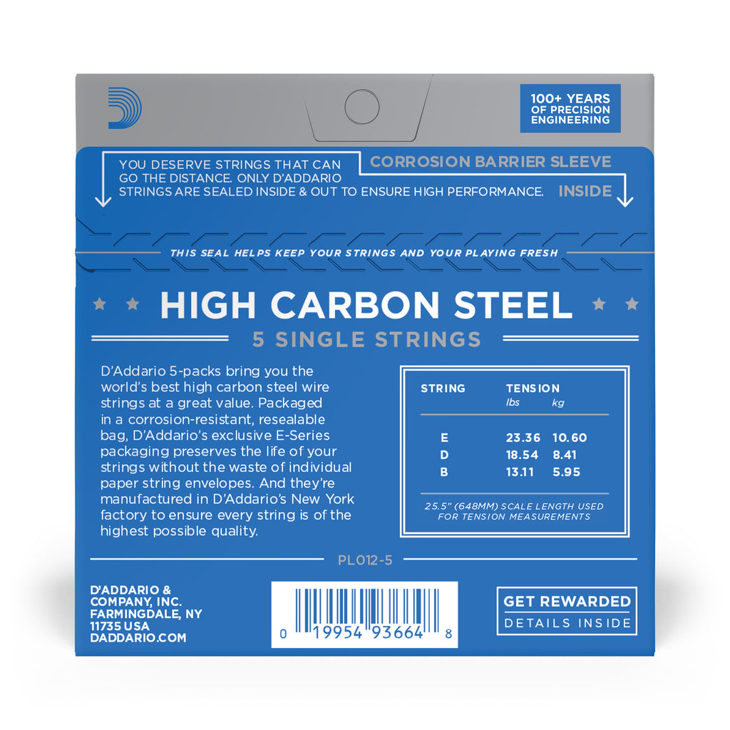 D'Addario PL012-5 Plain Steel Guitar Single String, .012 5-pack