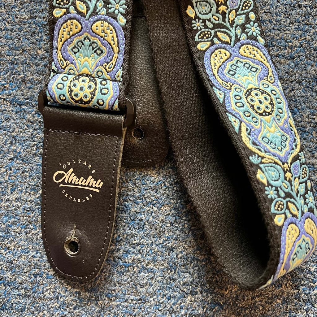 AMUMU Hootenanny Embroidery Guitar Strap Blue Cotton -CO04E-BL (used)